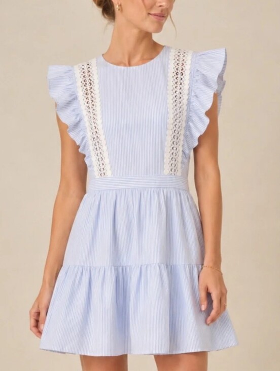 English Factory Dresses & Skirts - English Factory Blue Pinstripe Lace Trim Ruffle Sleeve Tiered Mini Dress